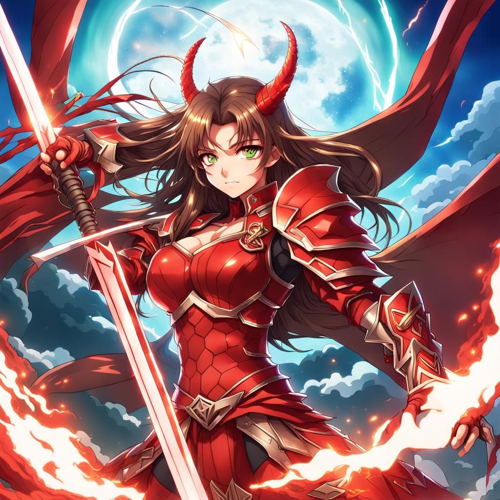 Anime Female Warrior with Dragon Armor and Lightning