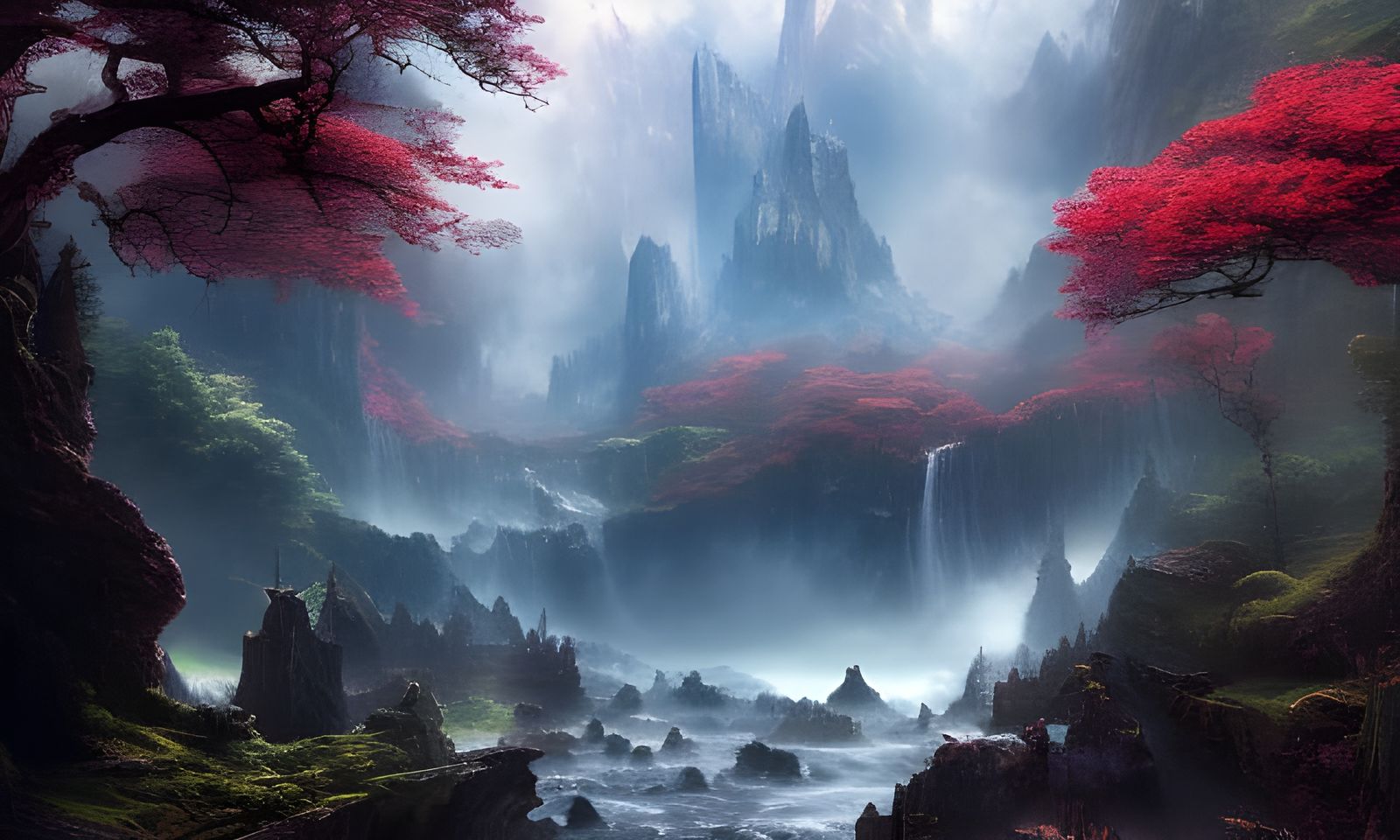 Elf Bathes in Waterfall: Fantasycore Art