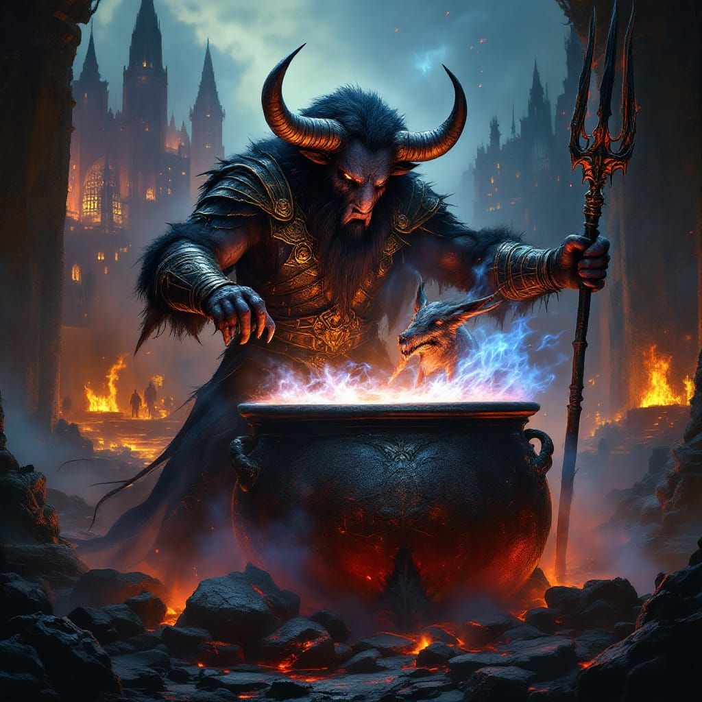 Dark Fantasy Warlock Warlord in Ancient Armor, Amidst Burnin...