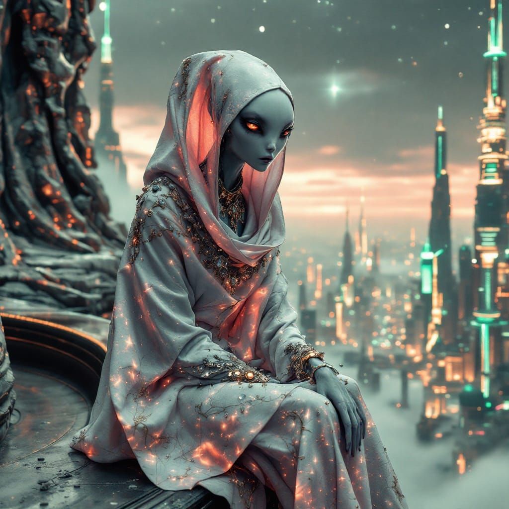 Alien sitting in a futuristic planet