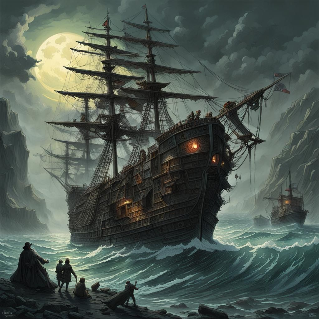 Futuristic Pirate Ship in Gothic Horror Style