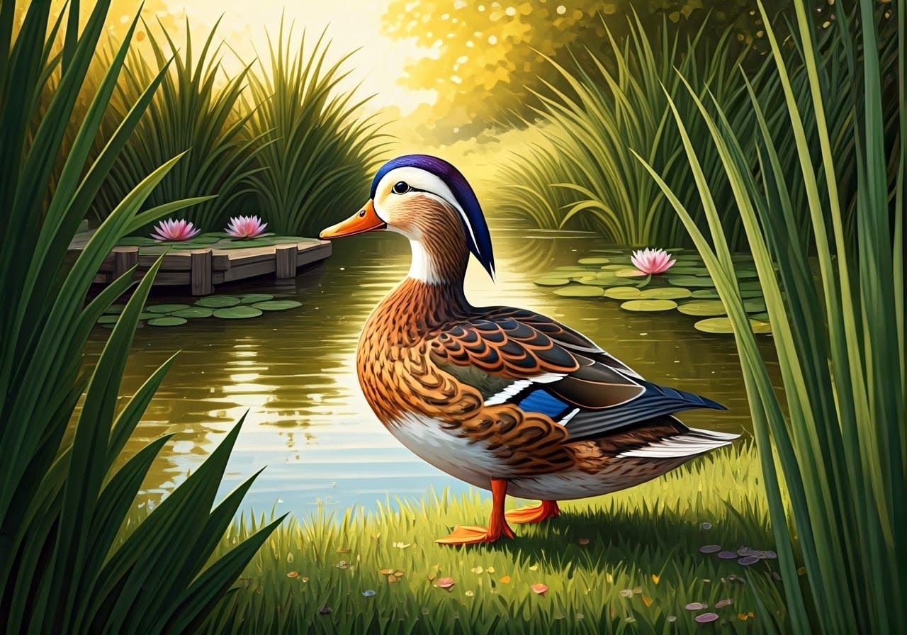 Iridescent Duck Waddling by Pond in Watercolor Style