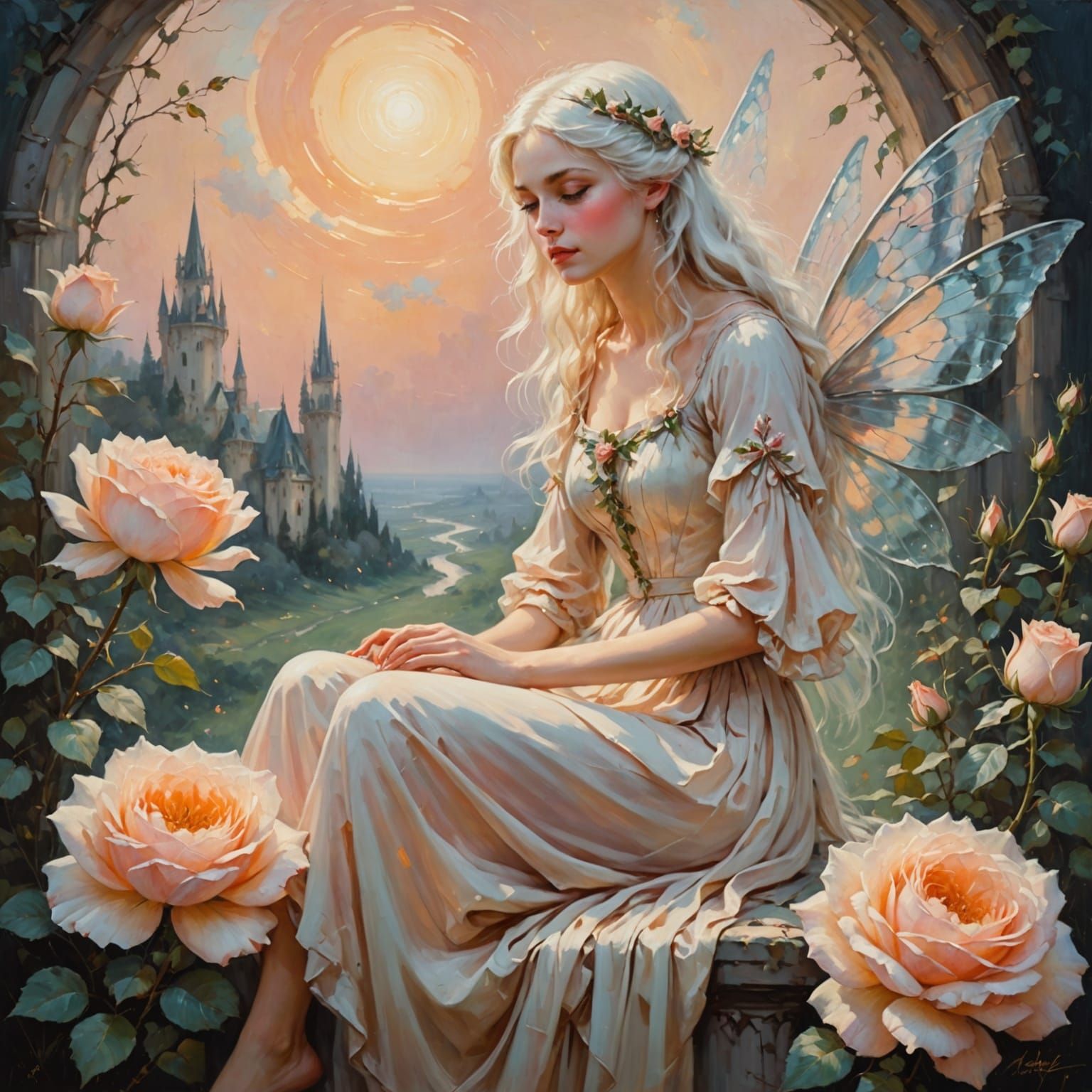 Fairy on Peach Rose Impressionist Oil Painting