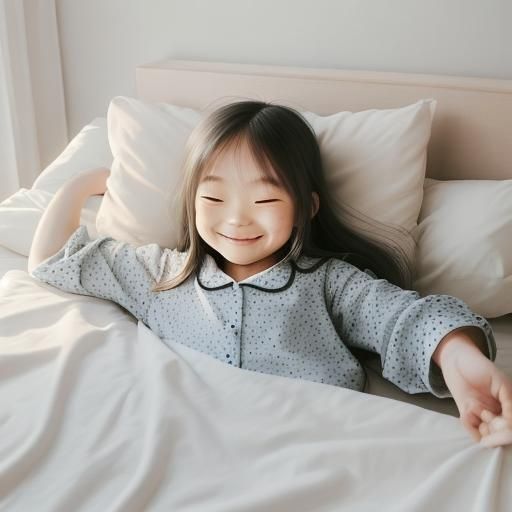 a little girl with long hair in pajamas jumps on the bed and...
