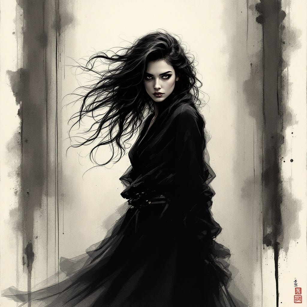 Mysterious Woman in Japanese Ink Brush Art