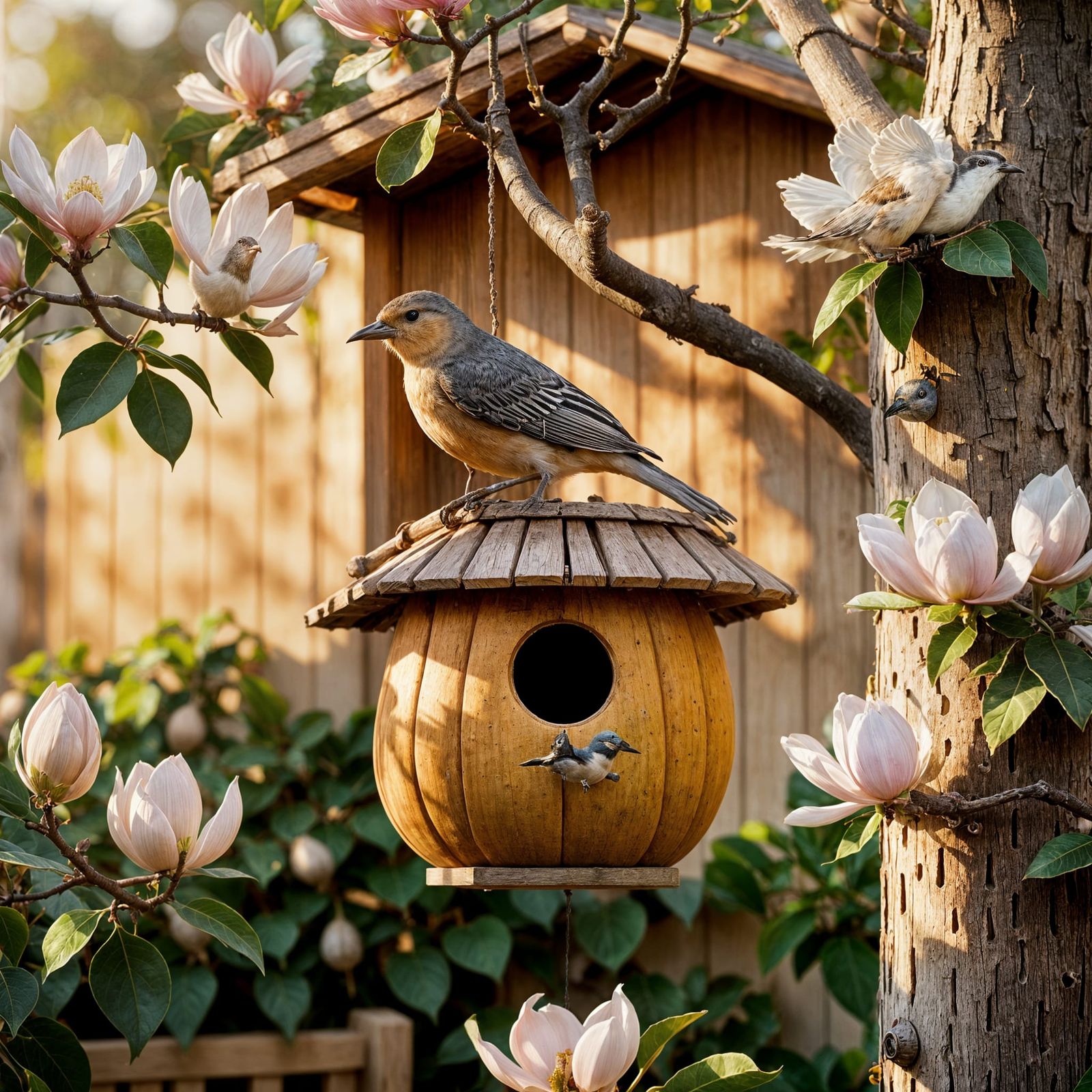 Bird on Gourd Birdhouse: Photorealistic 3D Render
