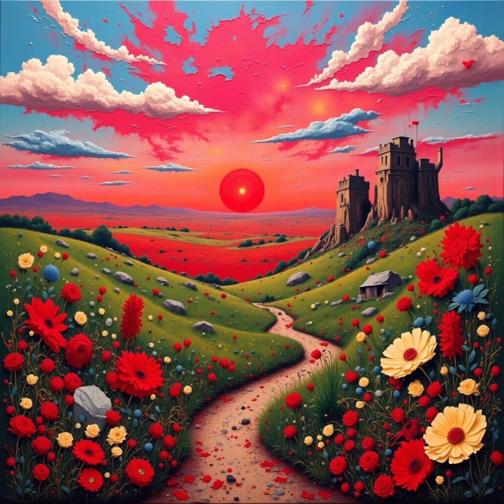 Vibrant Crimson Landscape Composition