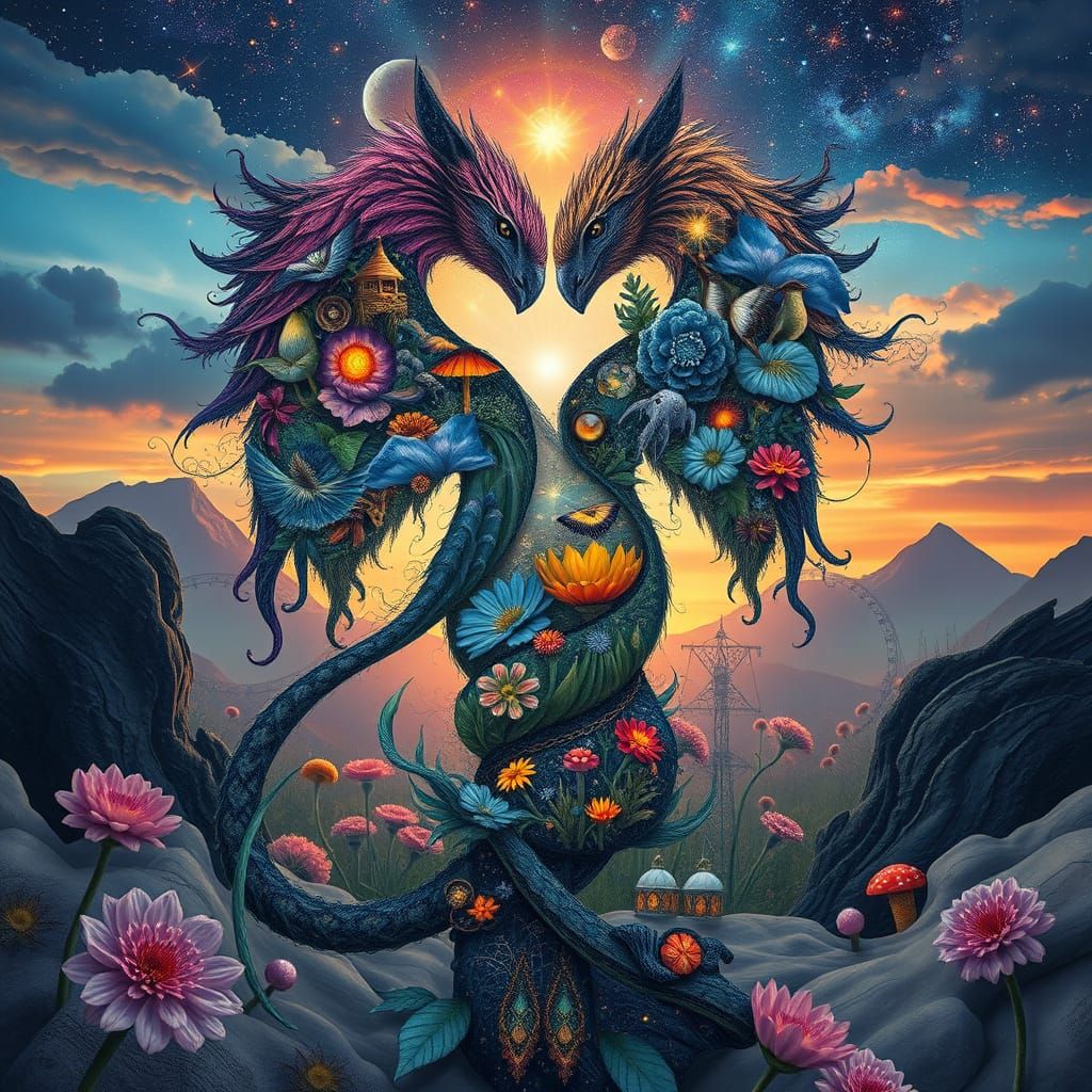 Surreal Cosmos: Dreamlike Collage of Mystical Creatures