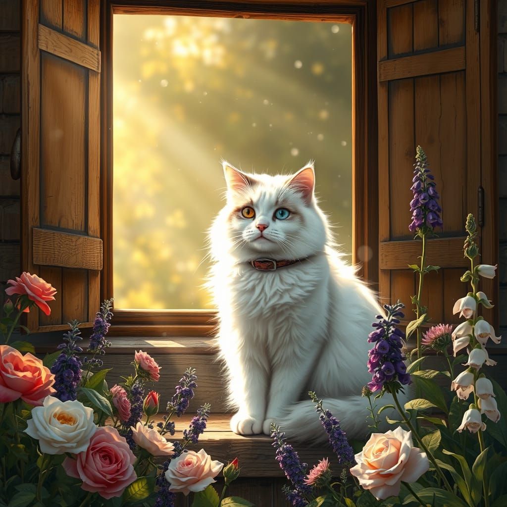 Sunlit Cat in English Garden: Pre-Raphaelite Style