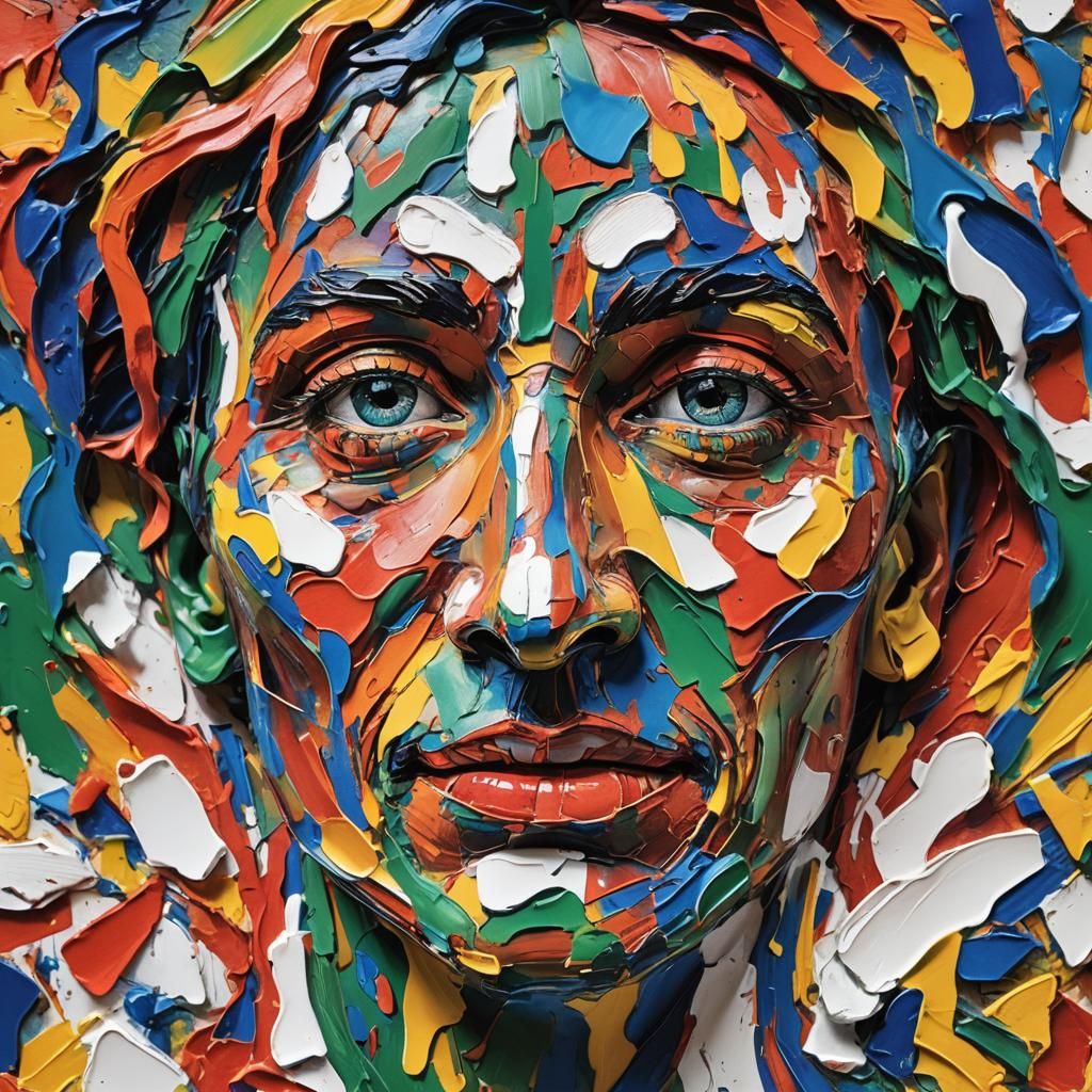 A face print made from different coloured thick textured impasto paint. Bright rainbow colours