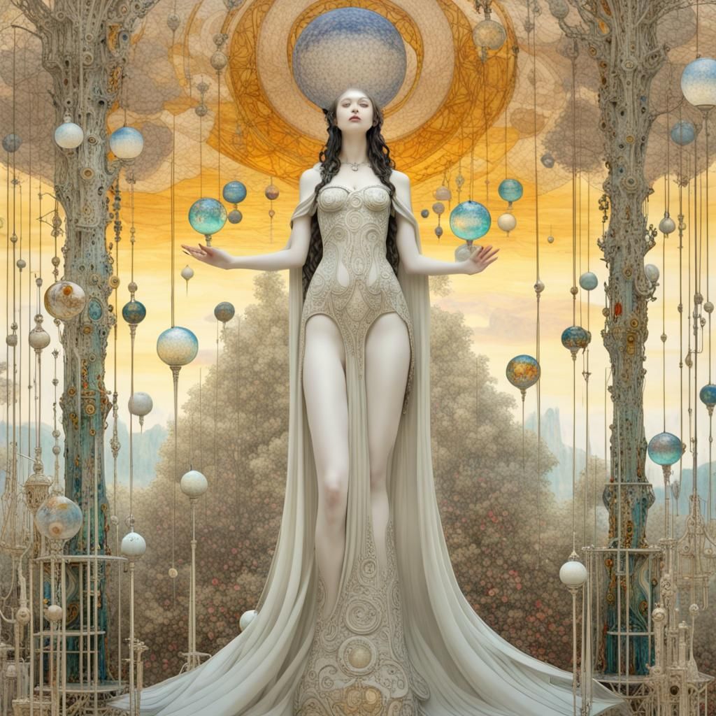 Futuristic Libra Goddess in Glass Forest, Klimt Style