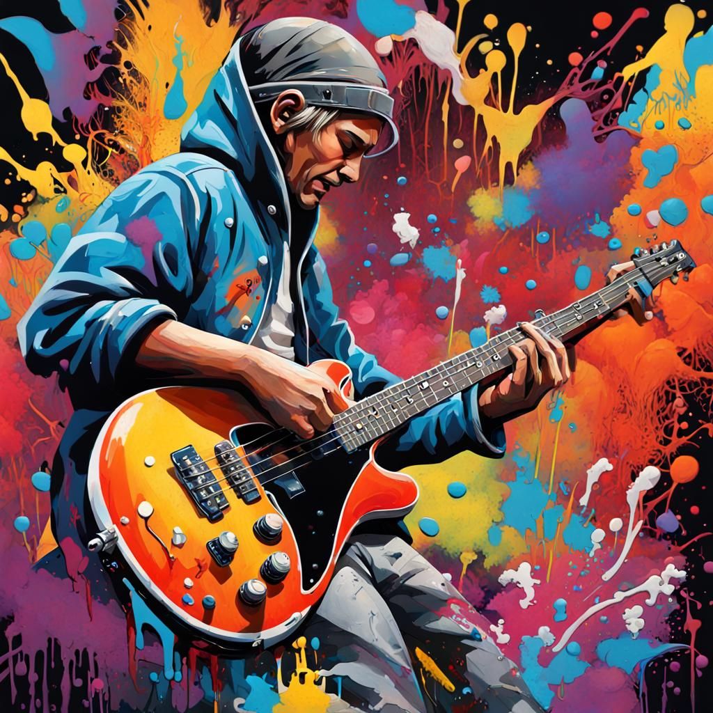 Guitarist Amidst Rioting Street, Graffiti Art Style