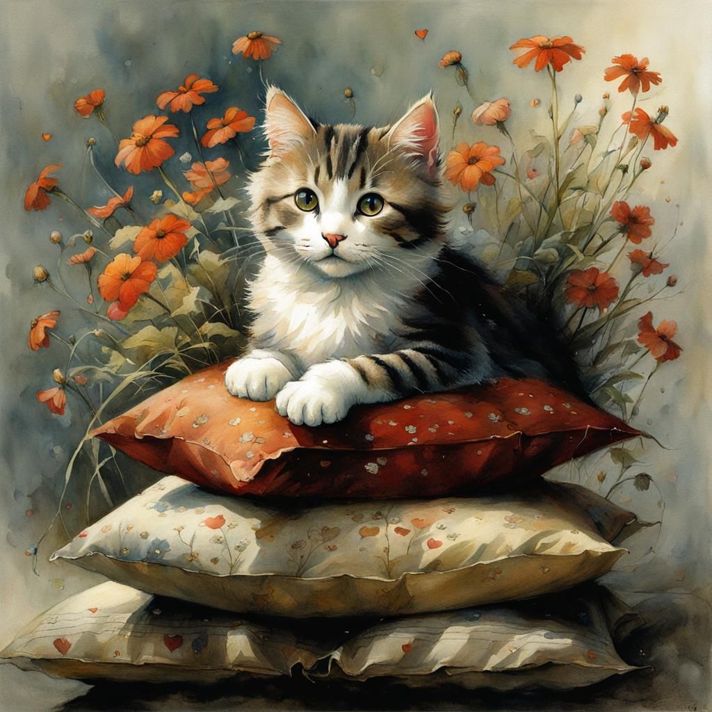 Cute Cat Surrounded by Flowers in Fantasy Art Style