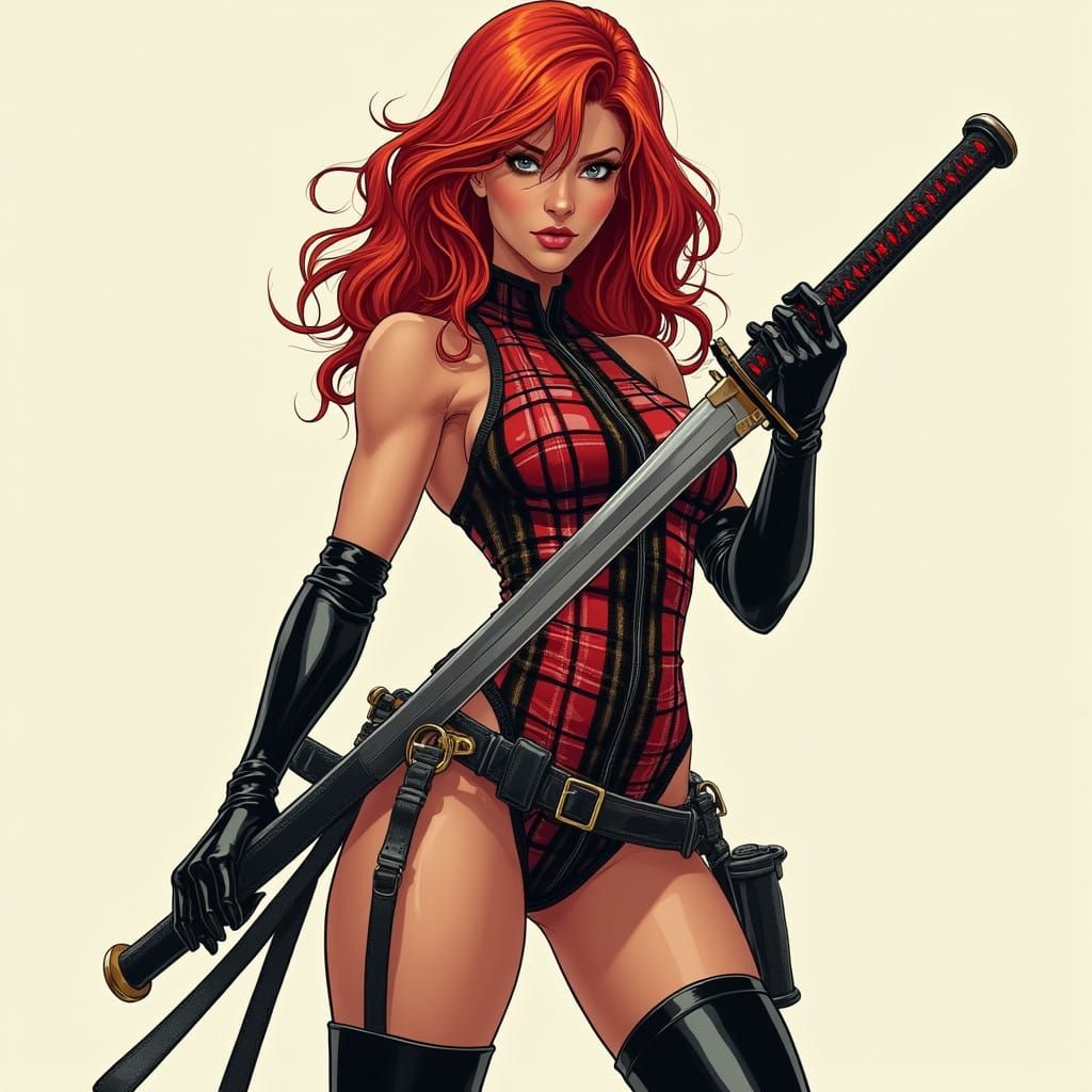 Confident Female Superhero in Tartan Body Suit with Zombie K...
