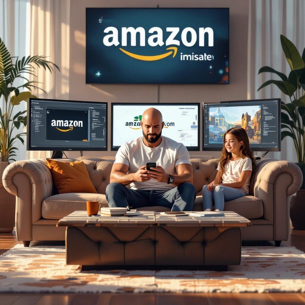 Man on Plush Couch with Girl & Monitors