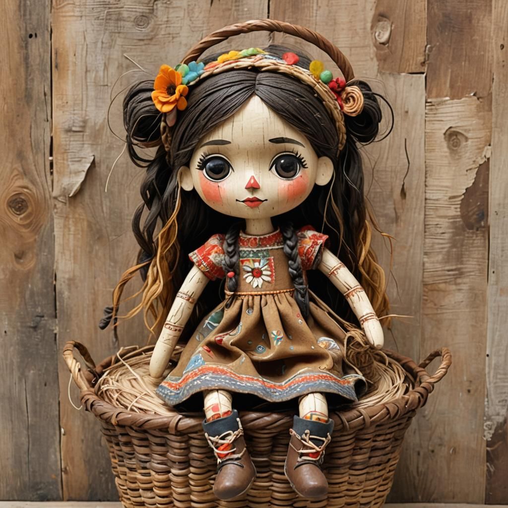 Naive Folk Art Boho Doll with Pigtails
