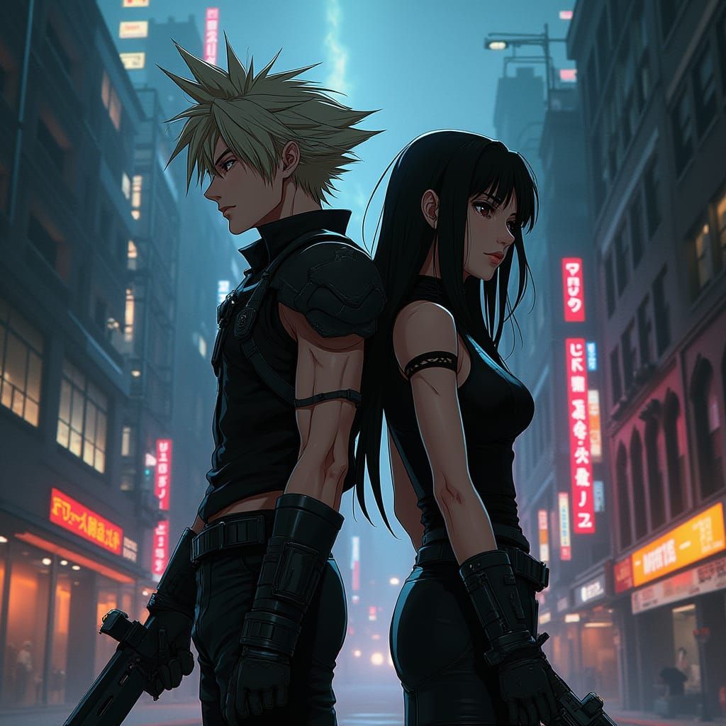 Cloud and Tifa: Cyberpunk Battle in Midgar