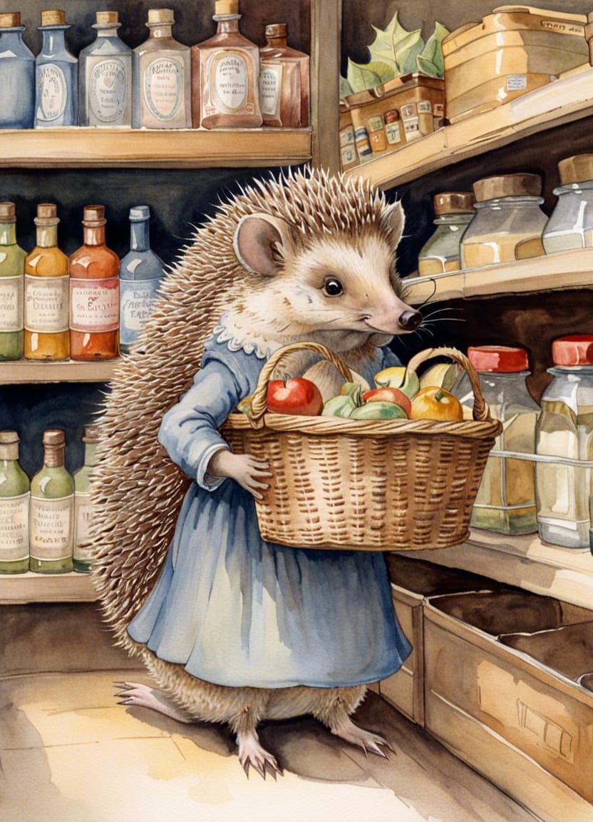 Hedgehog Shopper in Watercolor Style