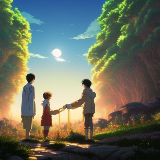 Anime Scene of Figures Watching Charts, Ghibli Style