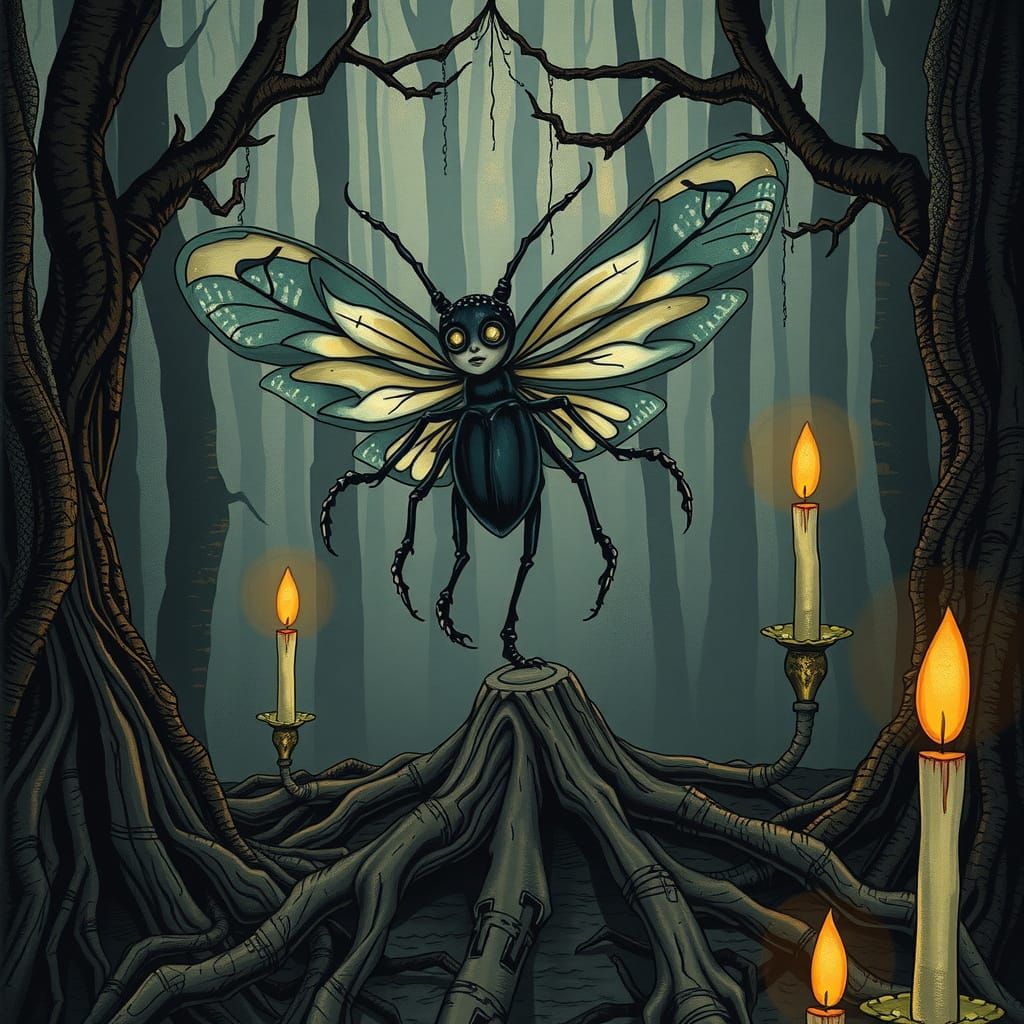 Whimsical Beetle Fairy in Gothic Forest Scene