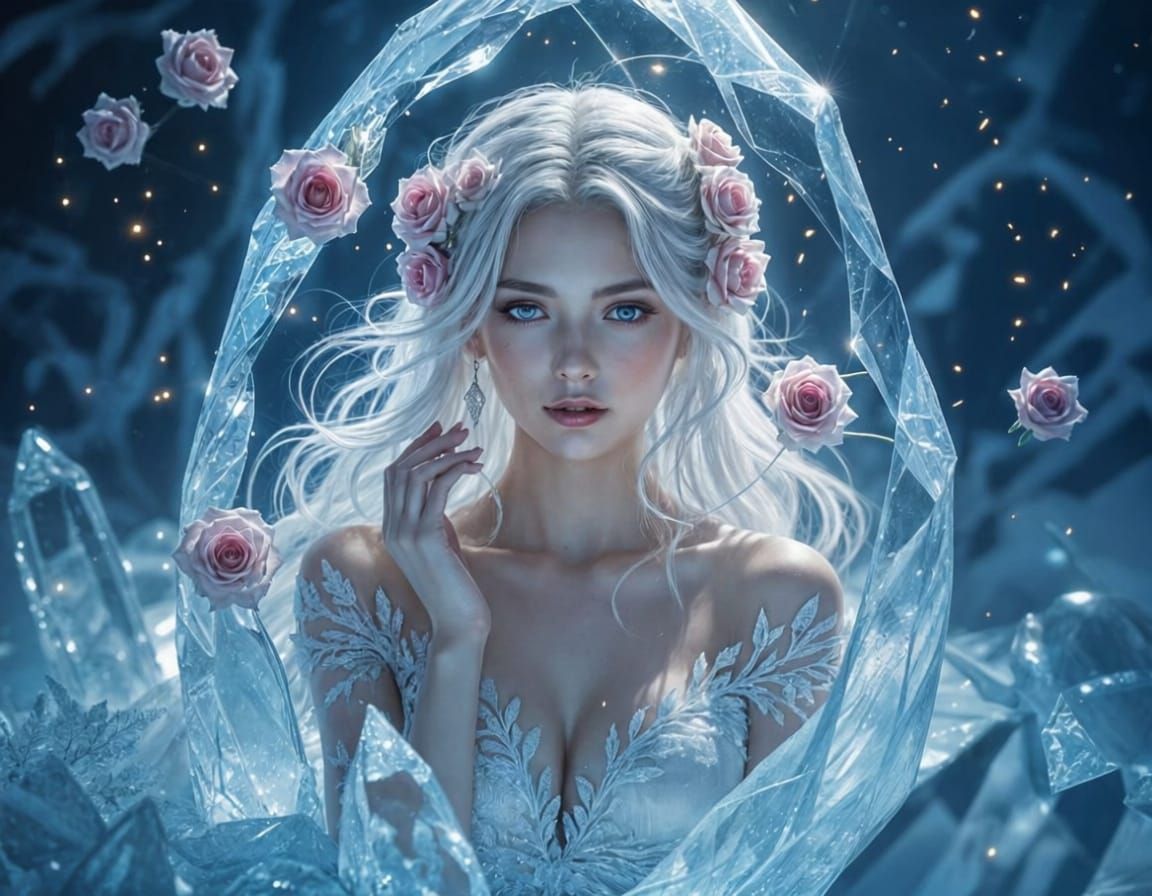 Woman Frozen in Ice Crystal with Glowing Roses