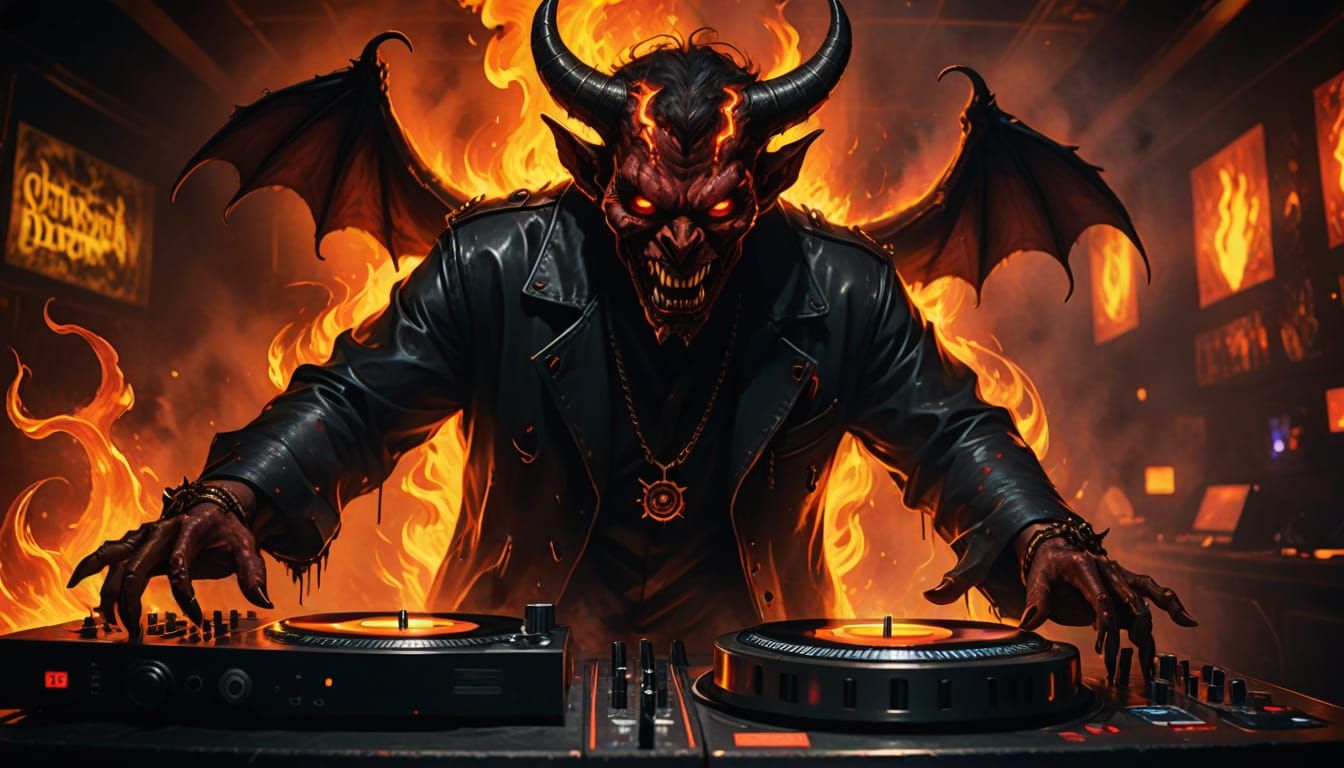 Fiery Demon DJ in Dark Fantasy Nightclub