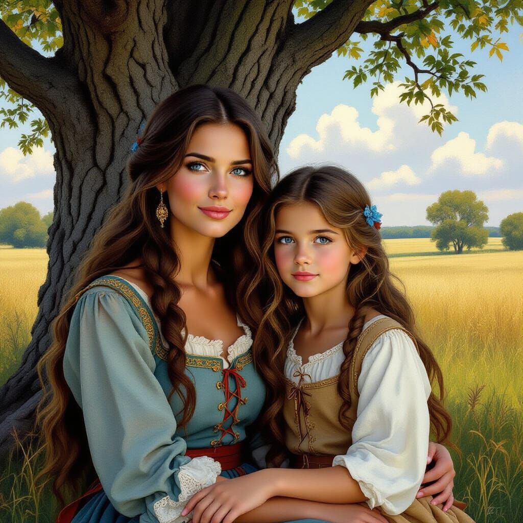 Medieval Woman and Girl in Shishkin-esque Landscape