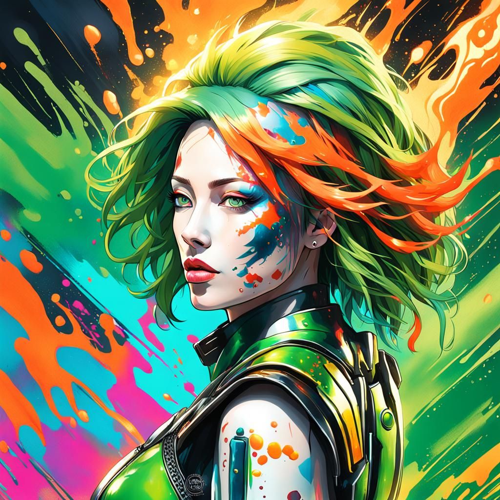 Vibrant Graffiti Art Woman in Fire-Armor