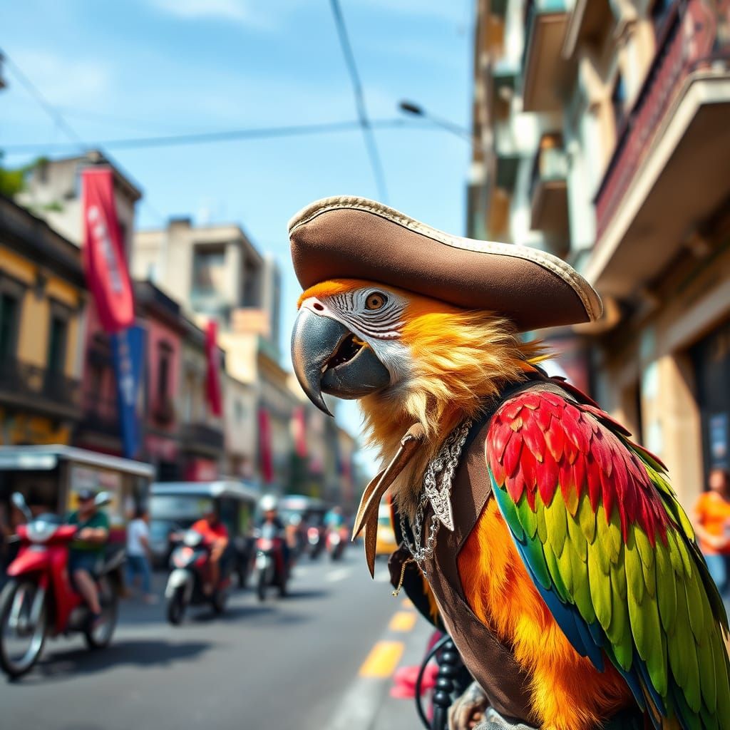 Vibrant Street Scene with a Swashbuckling Parrot and Mischie...