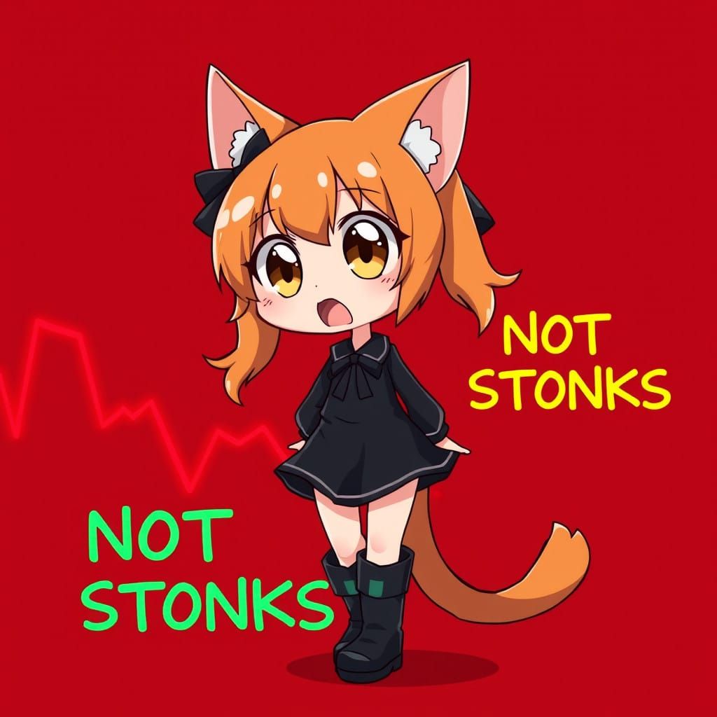 Anime Catgirl Surprised by Market Crash on Dark Red Backgrou...