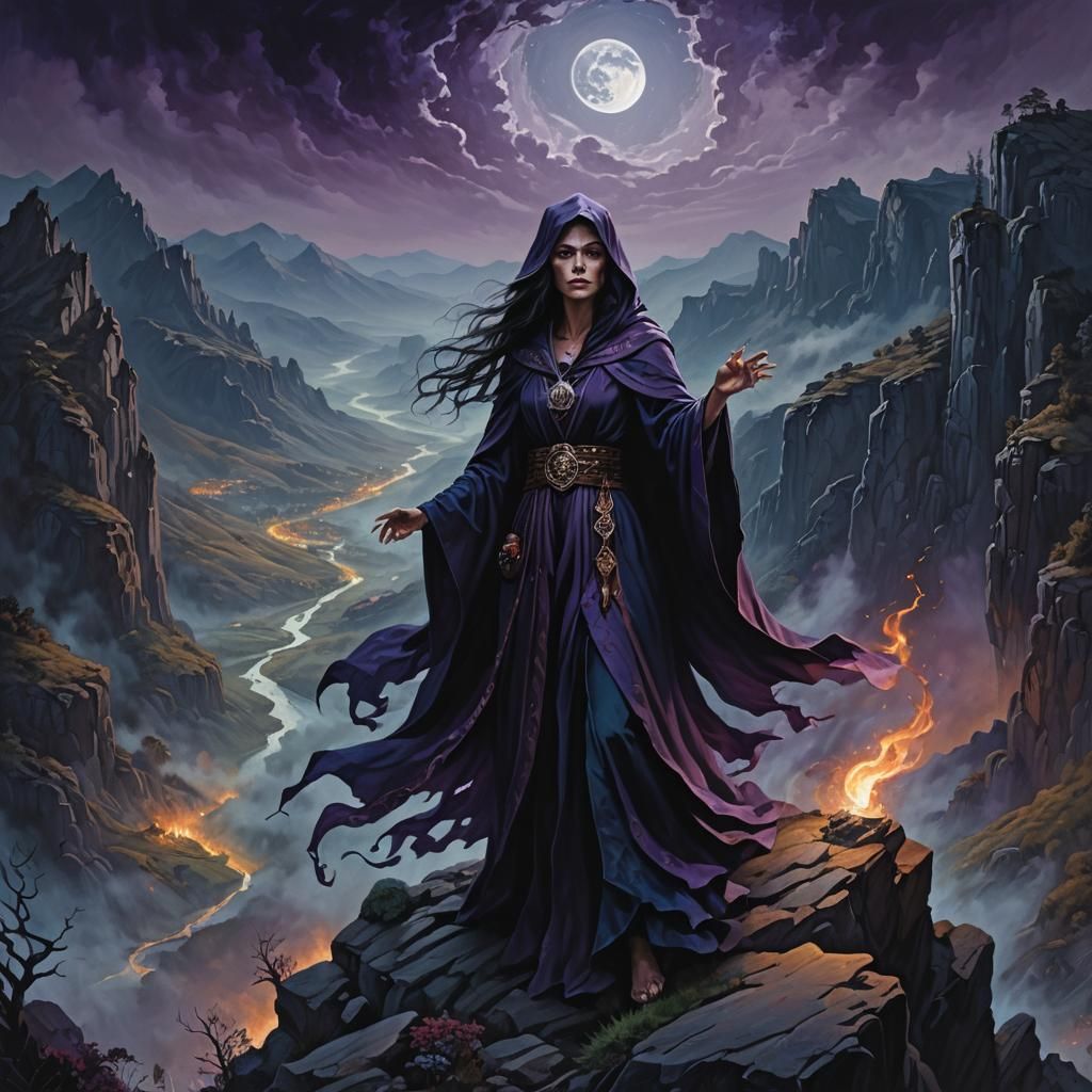 Powerful Witch Overlooking Dark Valley, Dark Fantasy Art