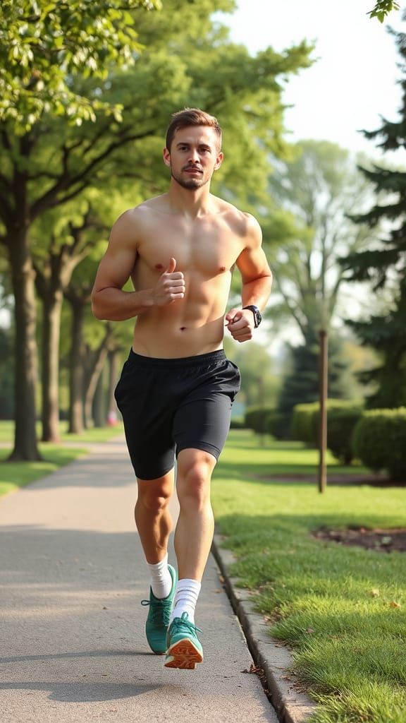 Muscular Man Jogging in Park, Photorealistic Image