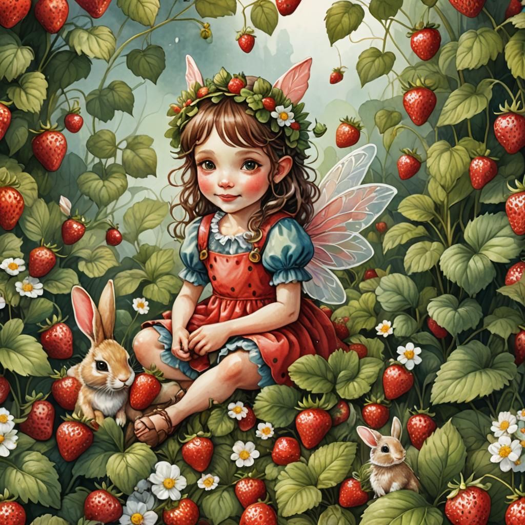 Strawberry Fairy and Rabbit in Watercolor Digital Art
