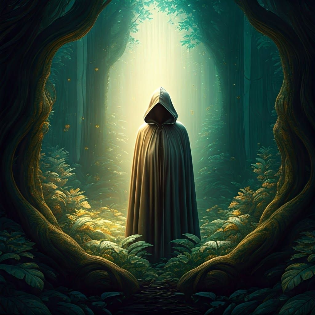 Mystical Forest Dreamscape with Cloaked Figure
