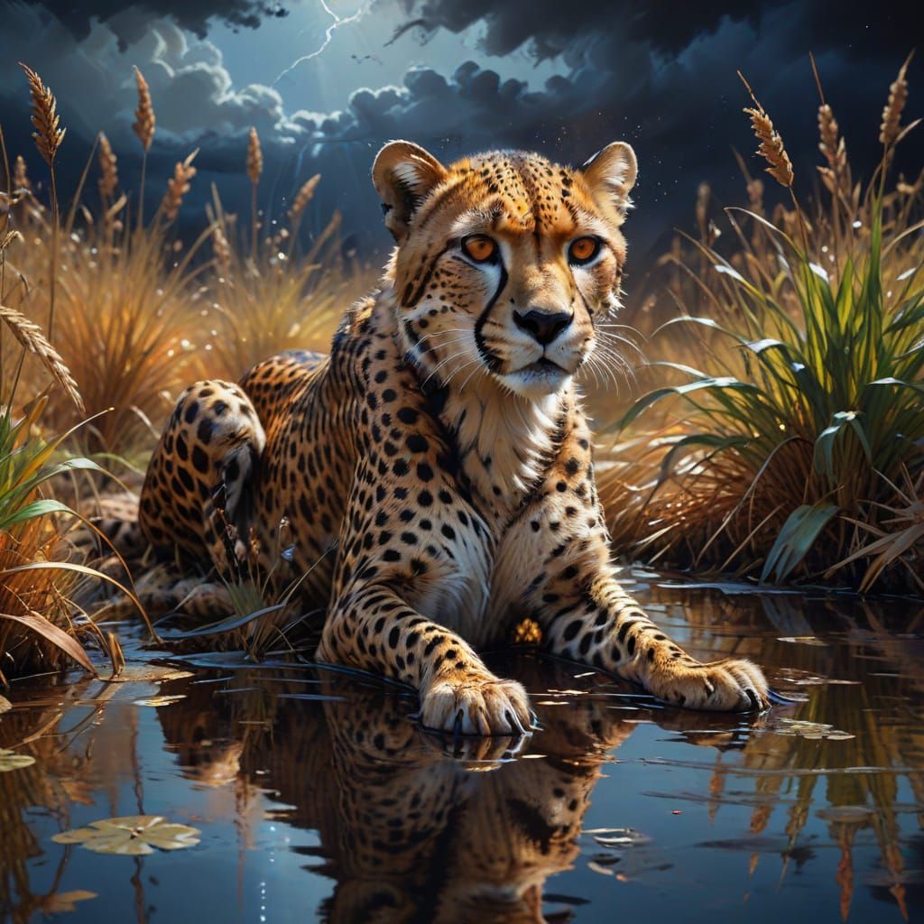 Cheetah Gazes at Reflection in Dark Fantasy Savanna