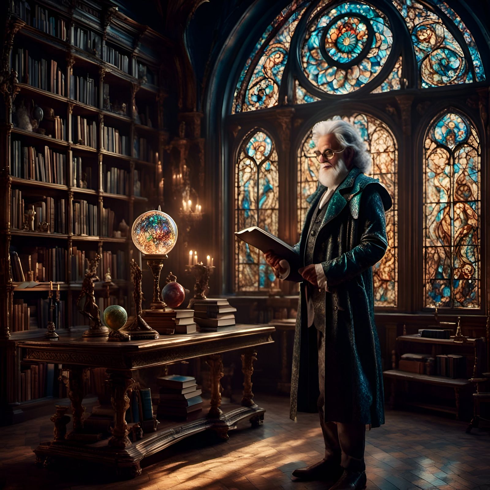 Photorealistic Librarian with Fantasy Iridescence