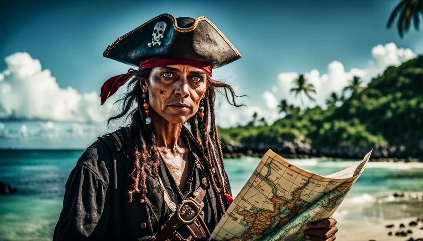 Female Pirate with Treasure Map on Tropical Island