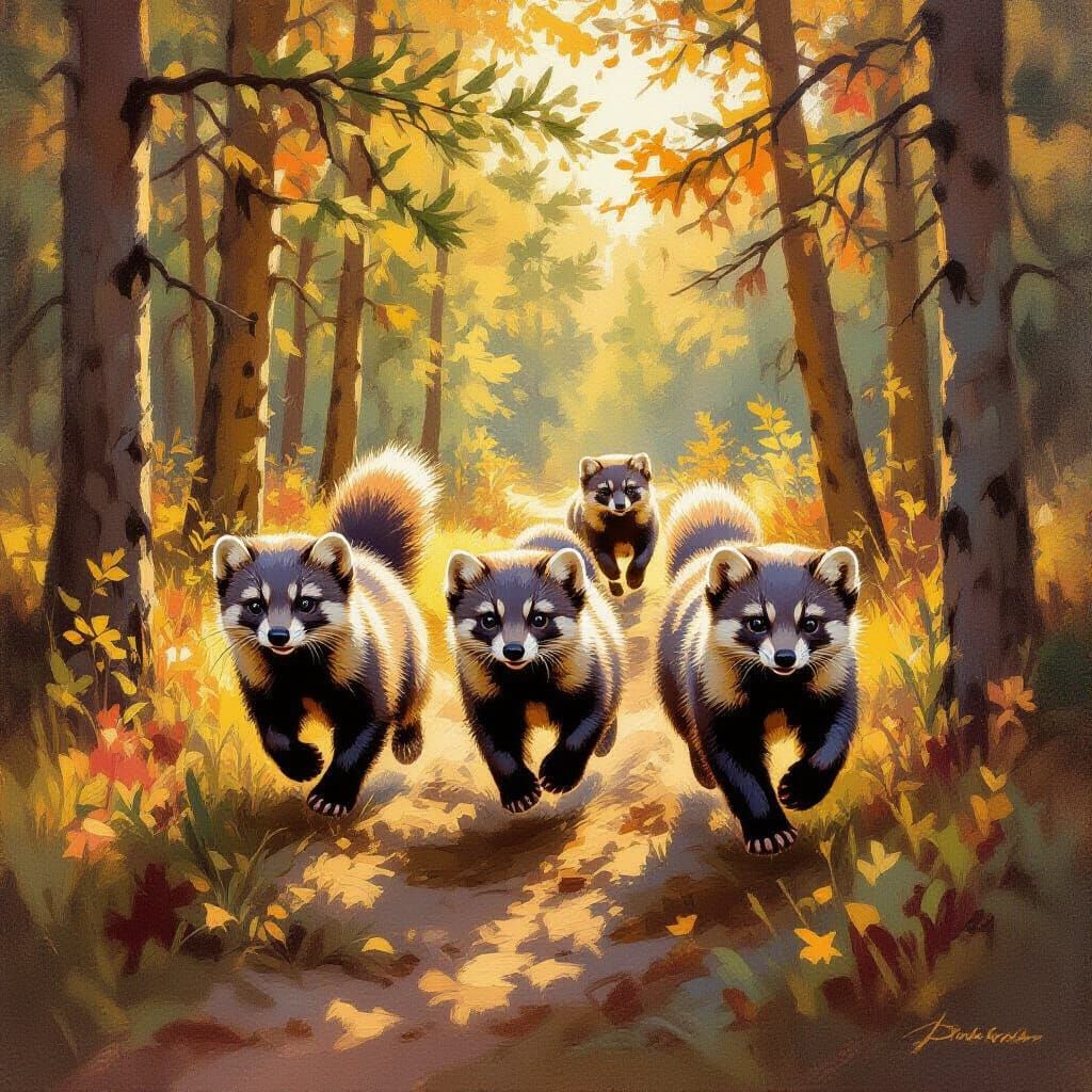 Three Pine Martens in Sunlit Forest - Impressionistic Oil Pa...