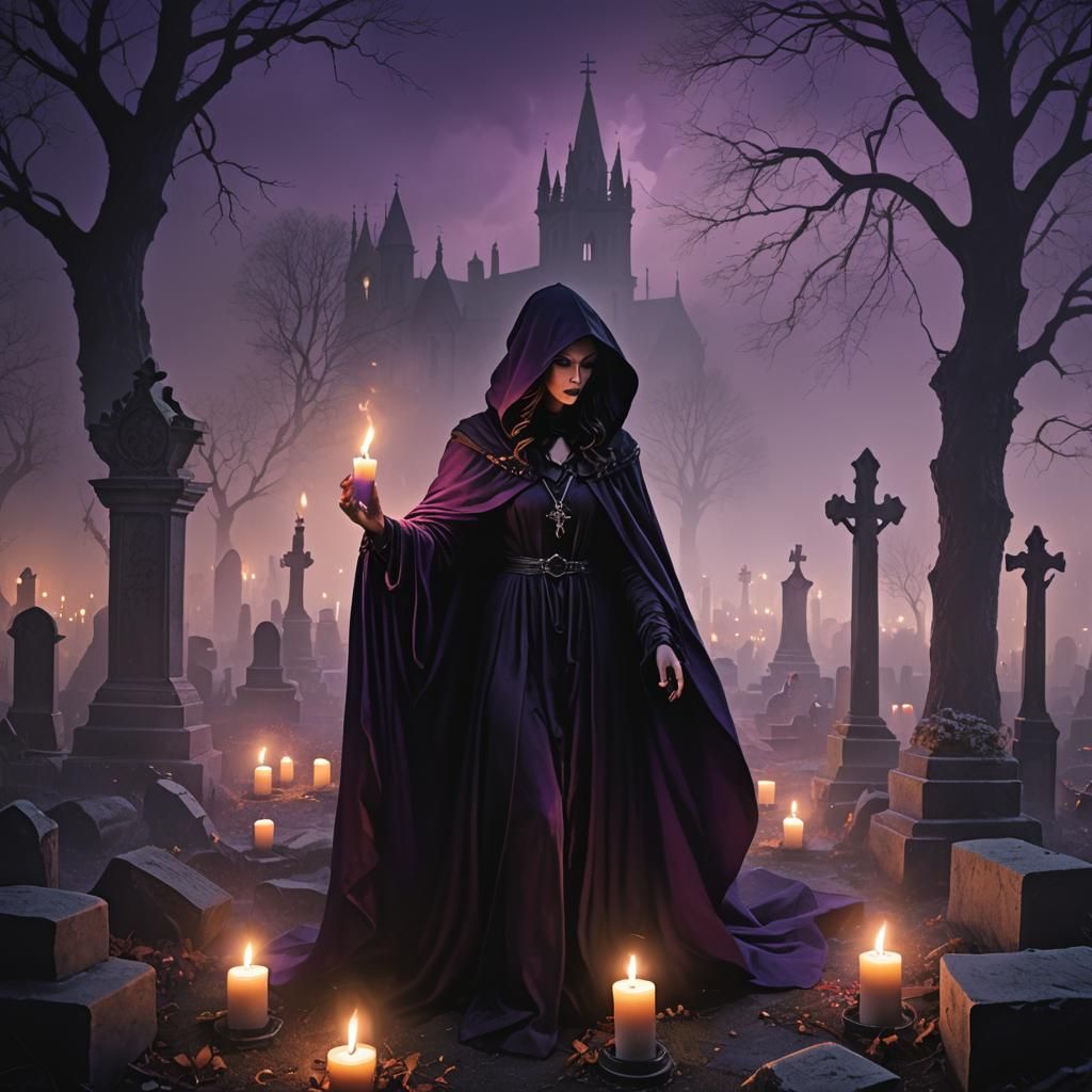 Mysterious Woman in Candlelit Graveyard: Gothic Fantasy