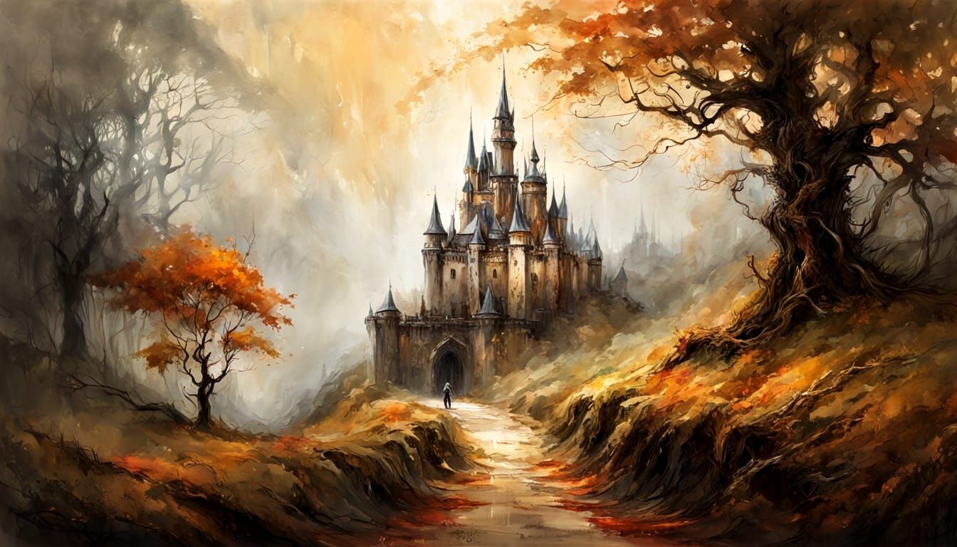 Ethereal Fairytale Carriage Departs Castle in Autumnal Splen...