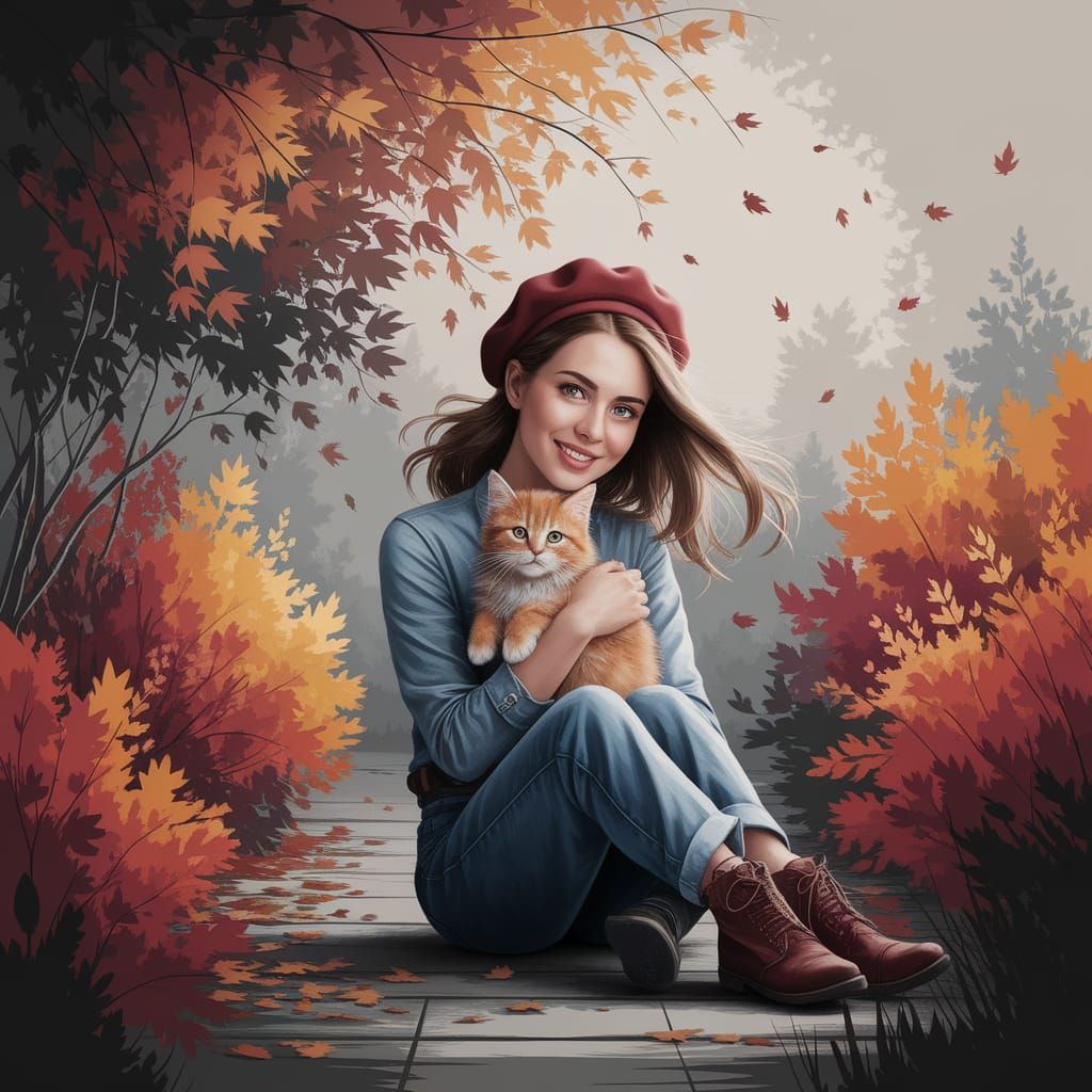 Autumn Girl with Kitten in Surreal Digital Painting