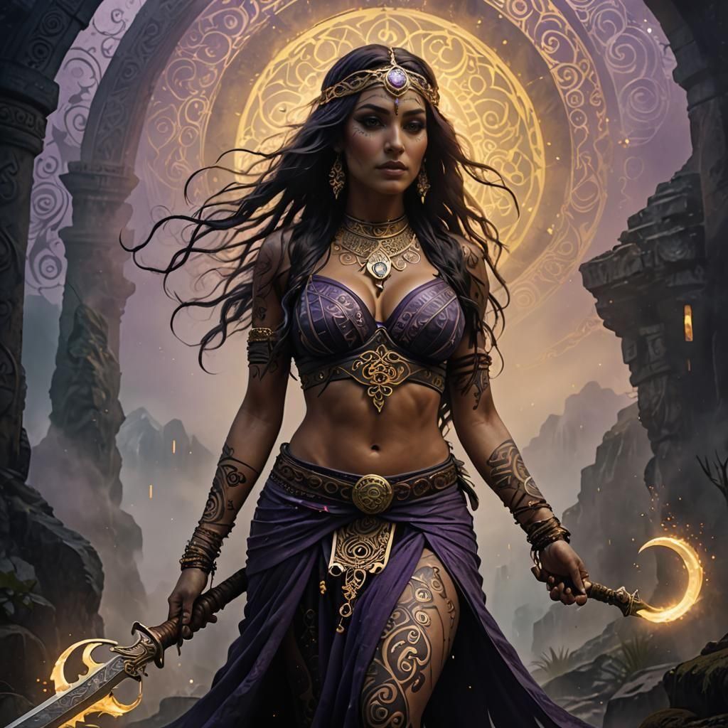 Dark Fantasy Maori Swordswoman in Ethereal Realm