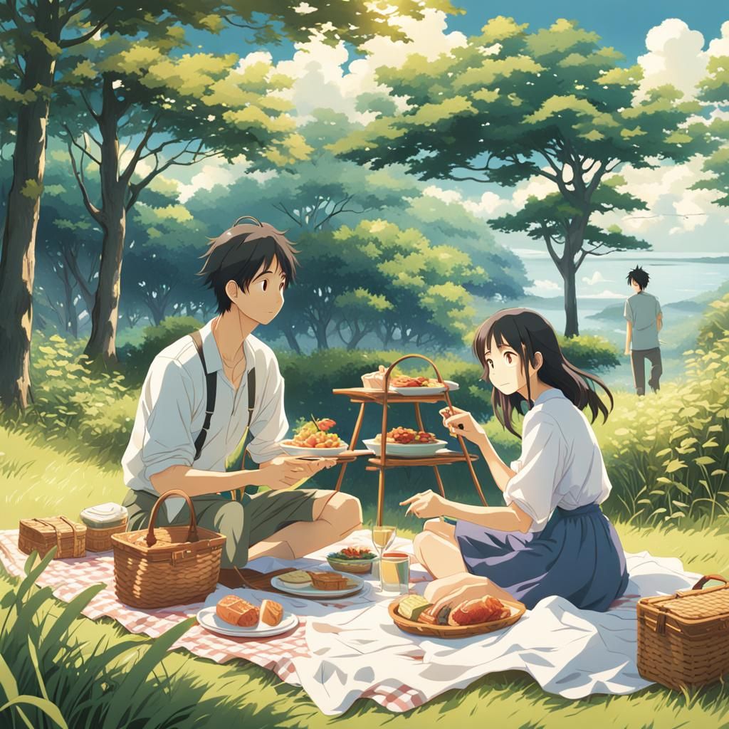 Romantic Picnic Date in Ghibli Anime Style