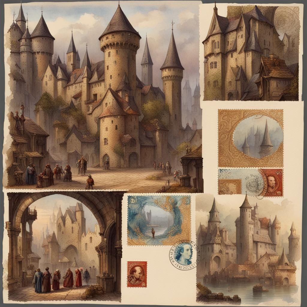 Medieval Characters on Vintage Watercolor Postage Stamps
