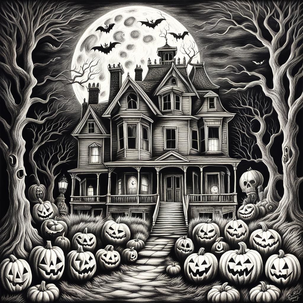 Hyperdetailed Charcoal Drawing of a Haunted House