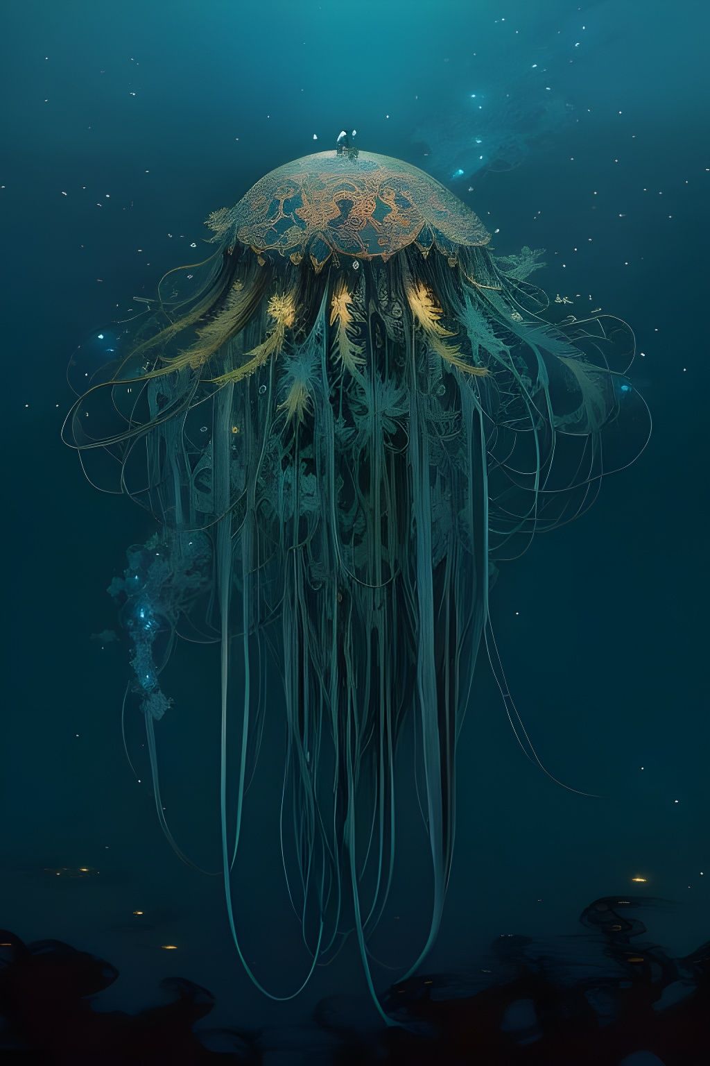 Glowing Golden Jellyfish Digital Painting