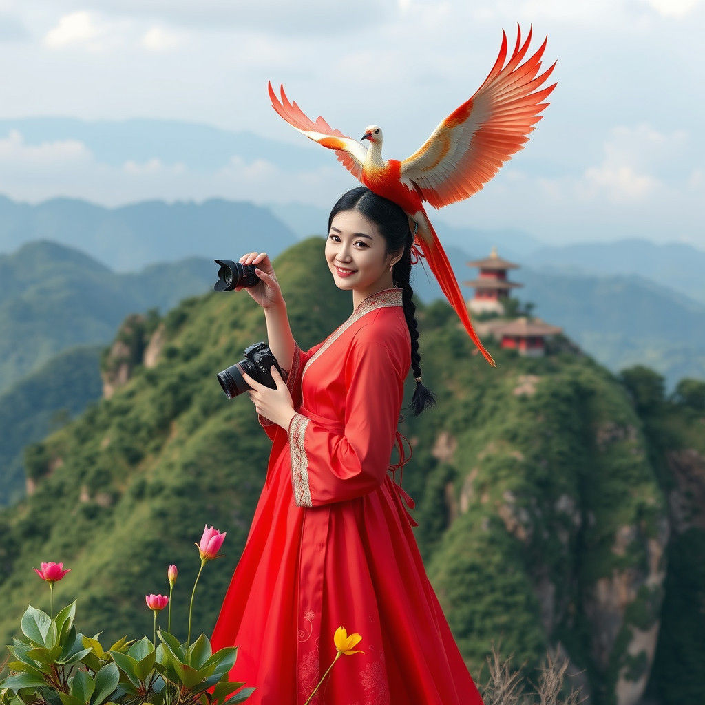 Korean Girl Selfie with Phoenix: Fantasy Art