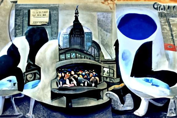 Grand Central Station Gouache Painting in Style of Burra