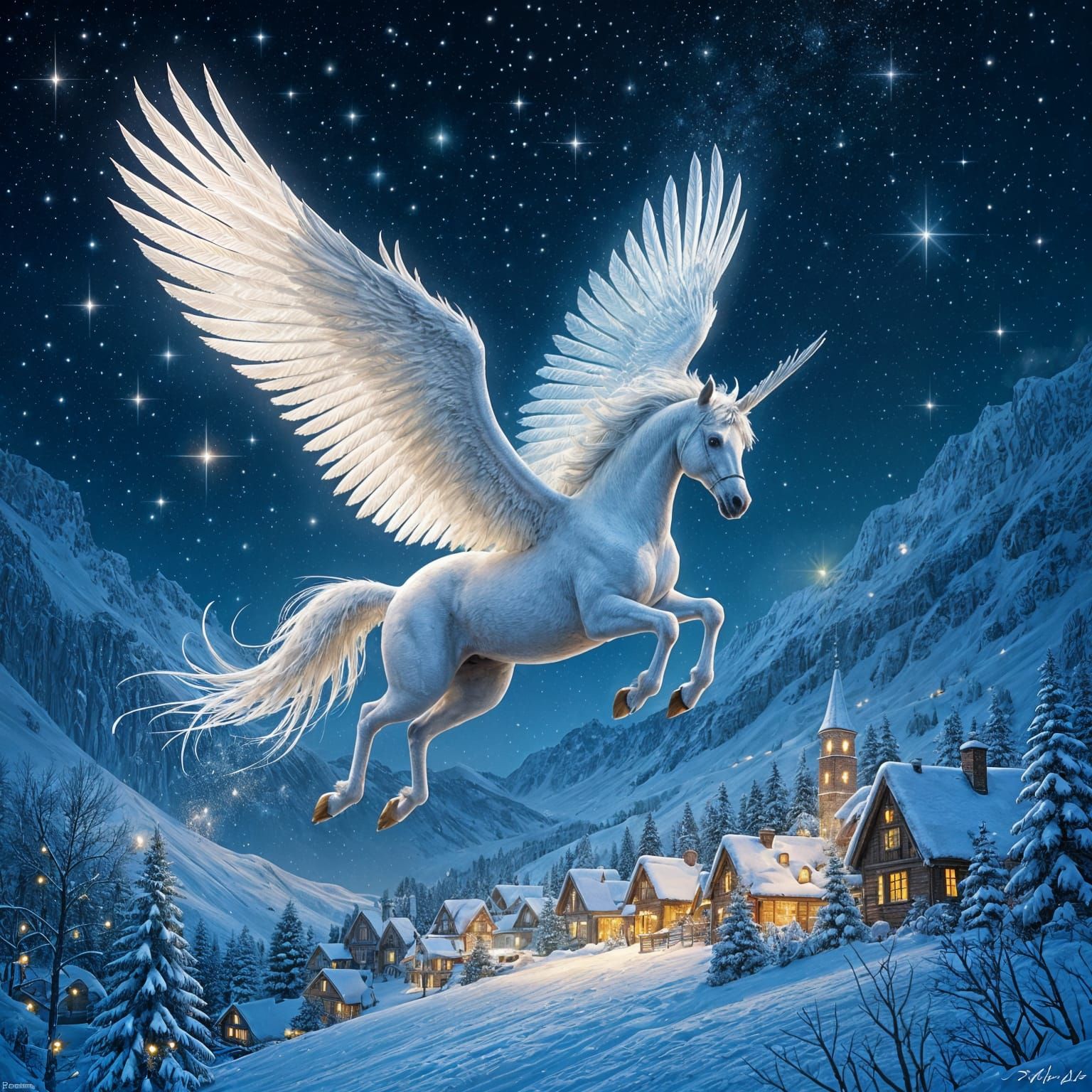 Majestic Pegasus Soars Through Starlit Sky Over Festive Vill...
