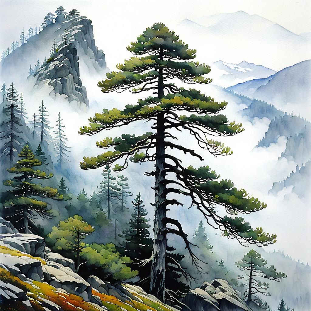Misty Mountain Watercolor Painting with Pine Trees